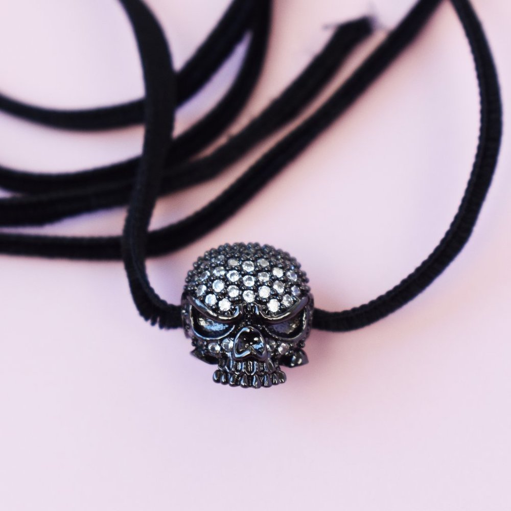 Thin black velvet collar choker necklace with crystal skull charm